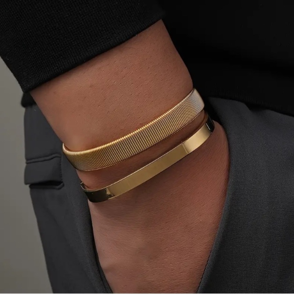 Men's 2 Piece Gold Plated Flat Bracelet Set